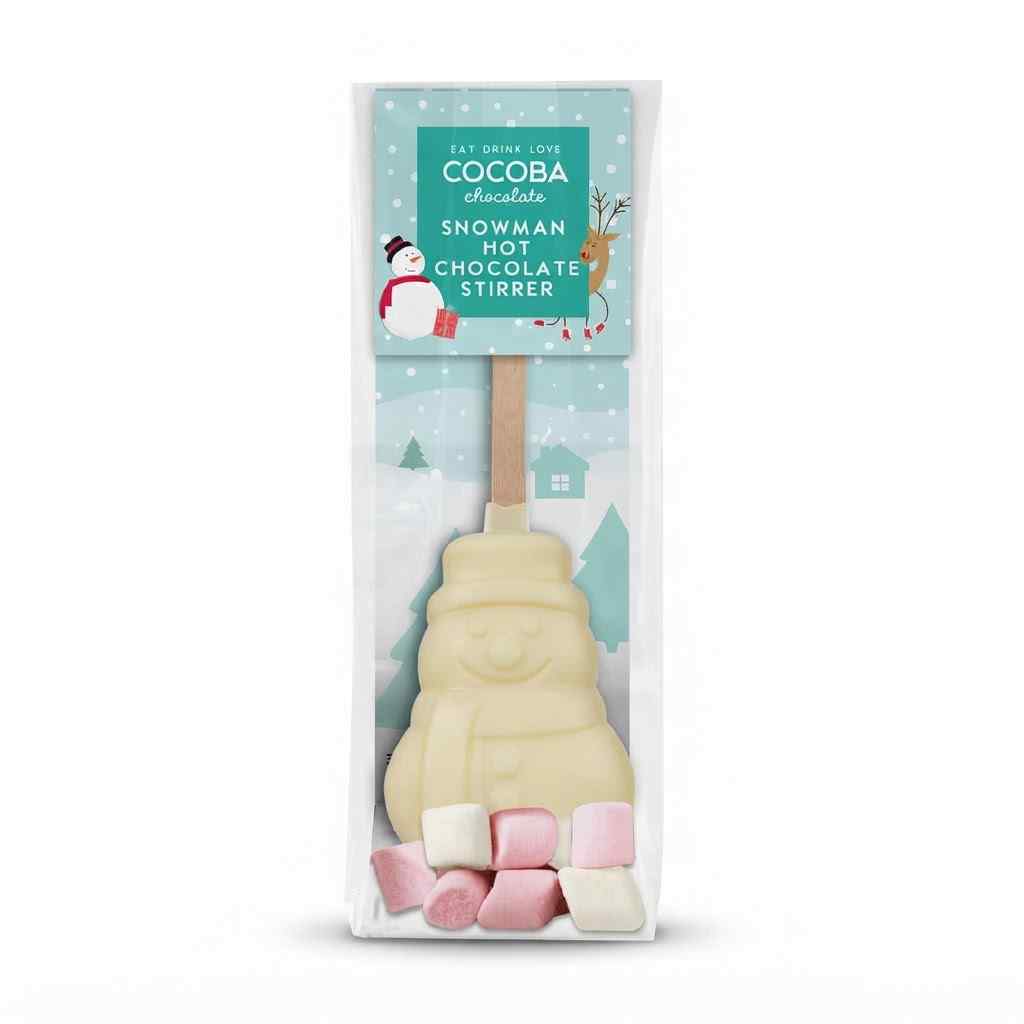 Cocoba Chocolate Snowman Hot Chocolate Stirrer in its original packaging, featuring a white chocolate snowman on a wooden stick with pink and white marshmallows at the base.