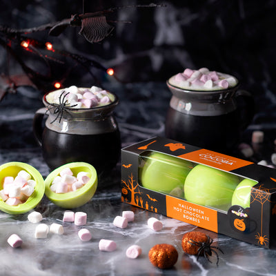 Halloween Green Hot Chocolate Bombes with Marshmallows