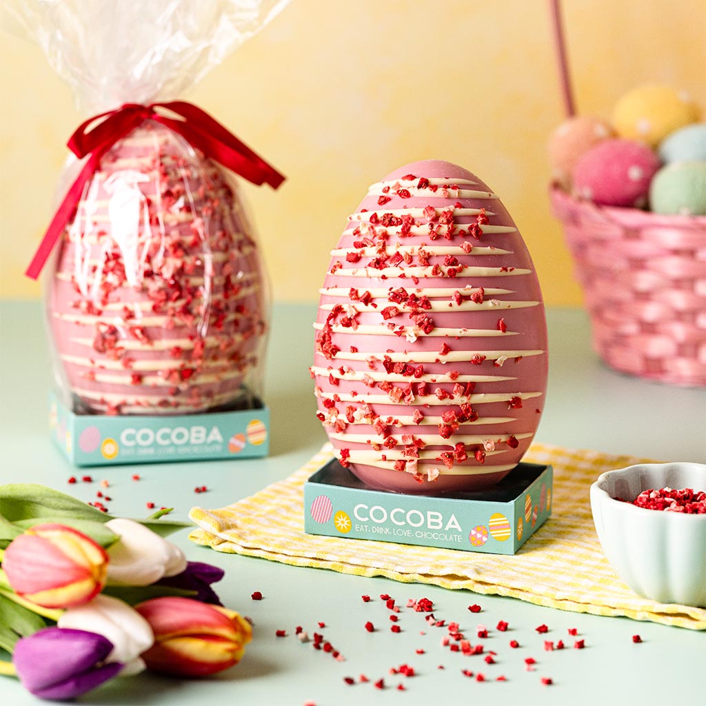 Strawberry Flavour Easter Egg with White Chocolate Drizzle and Freeze-dried Strawberry Pieces