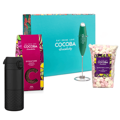 Cocoba chocolate products including a black tumbler, packaging, and a milkshake mixer on a white background.