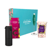 Cocoba chocolate products including a black tumbler, packaging, and a milkshake mixer on a white background.


