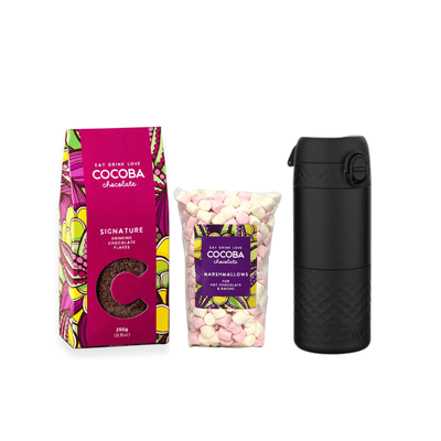 Chocolate flakes, marshmallows and travel mug