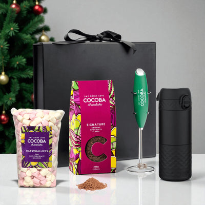 Cocoba milk frother, Travel Mug, Marshamllows, Signature flakes and a gift box