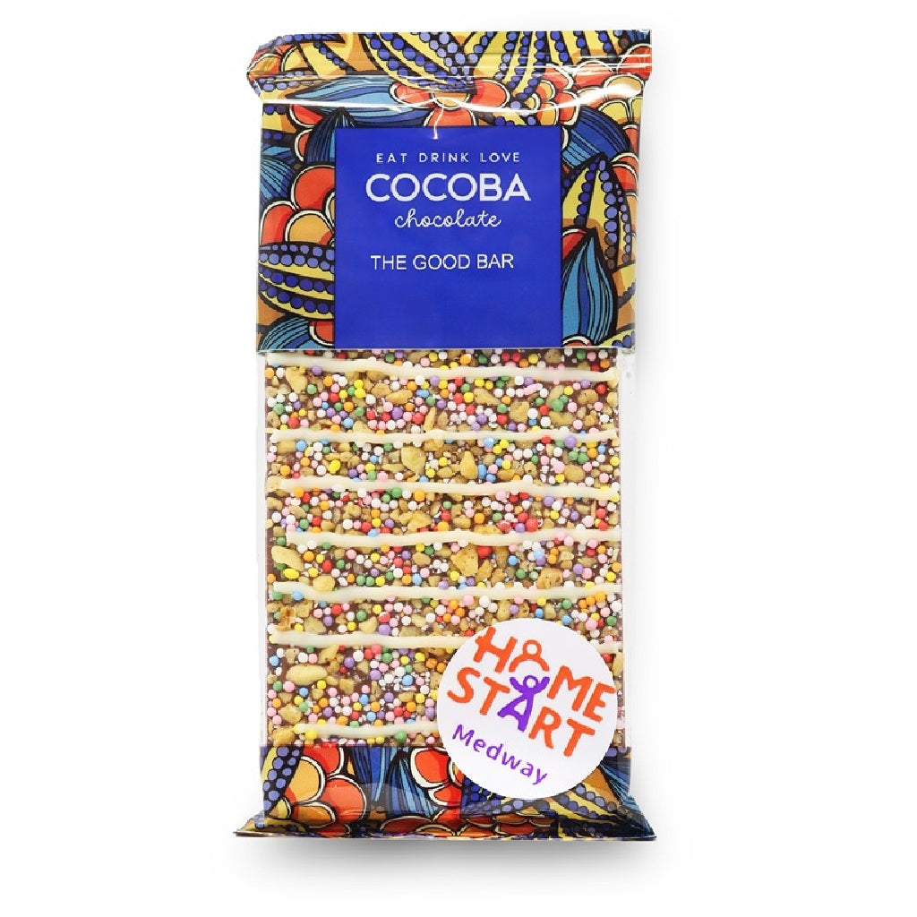 Cocoba chocolate bar with colorful packaging and Home-Start Medway Charity logo.