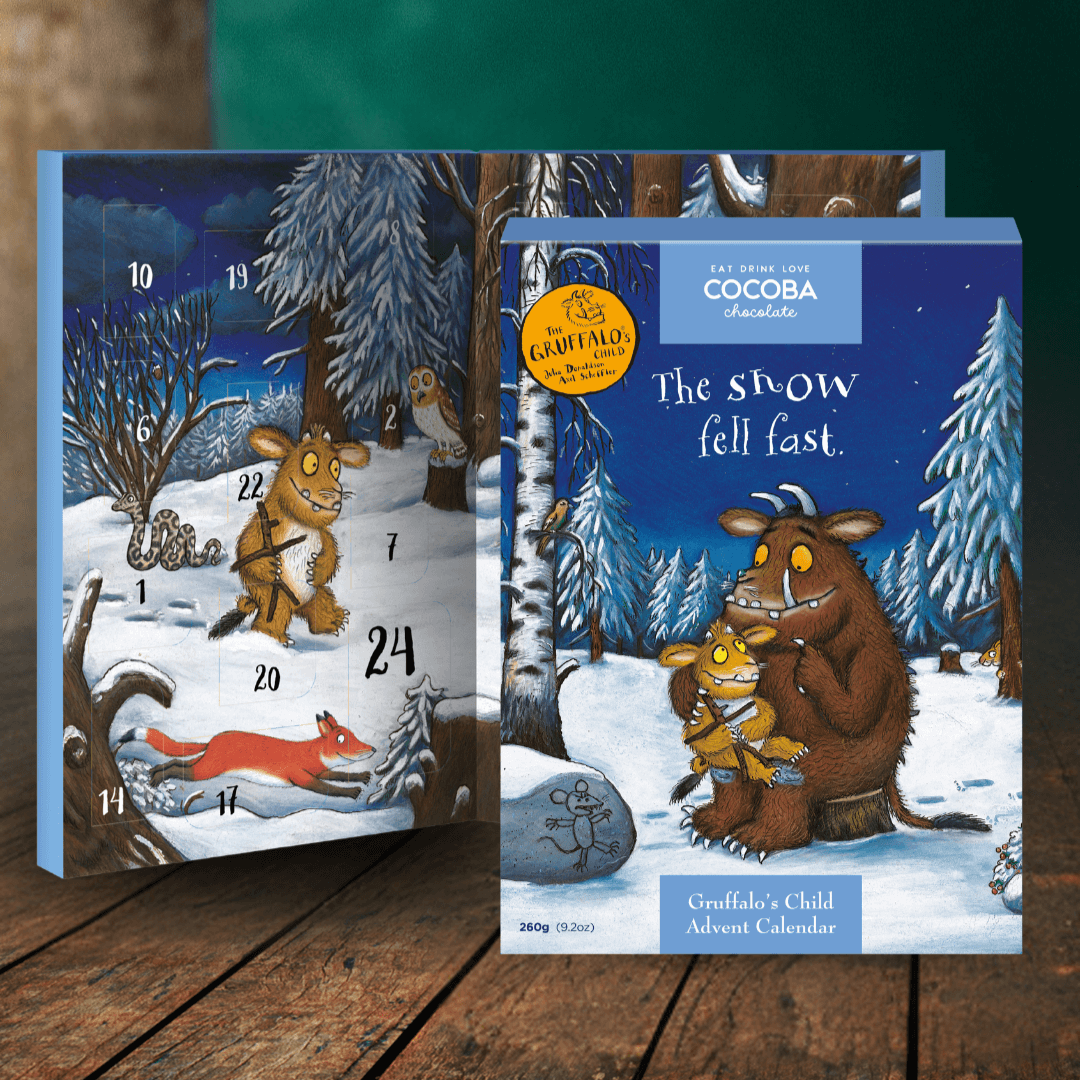 Advent calendar with winter scene and characters in a snowy forest