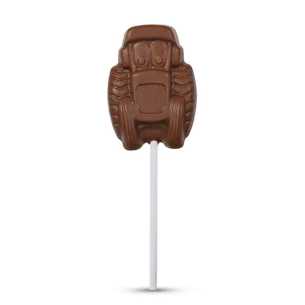 A novelty lollipop shaped like a brown car, mounted on a white stick, set against a plain white background.