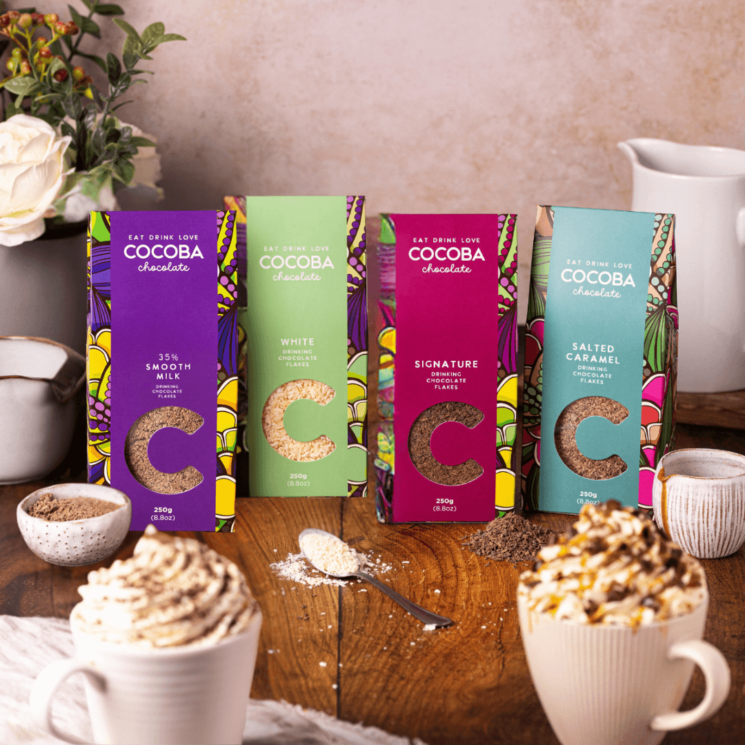 Cocoba hot chocolate drinking flakes and hot chocolates