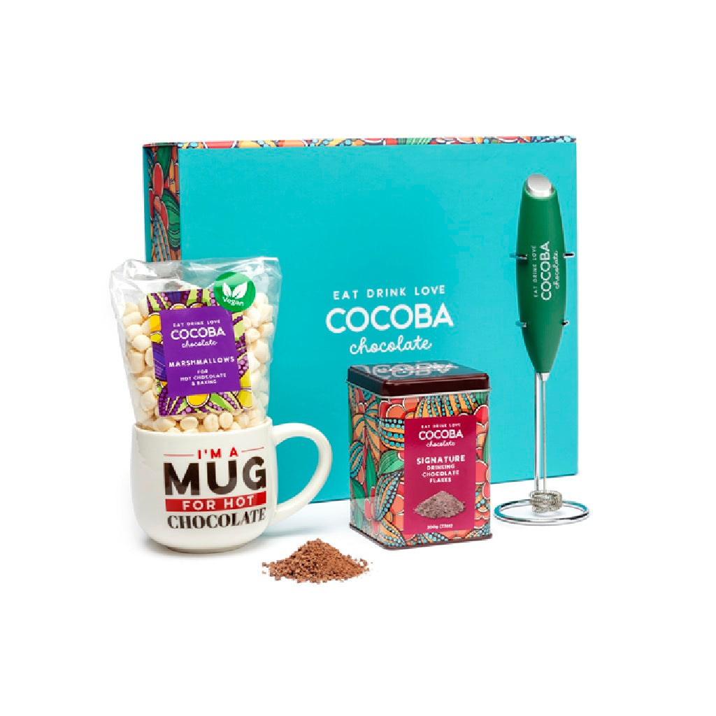 Cocoba chocolate gift set with mug, mixer, and packaging on a white background