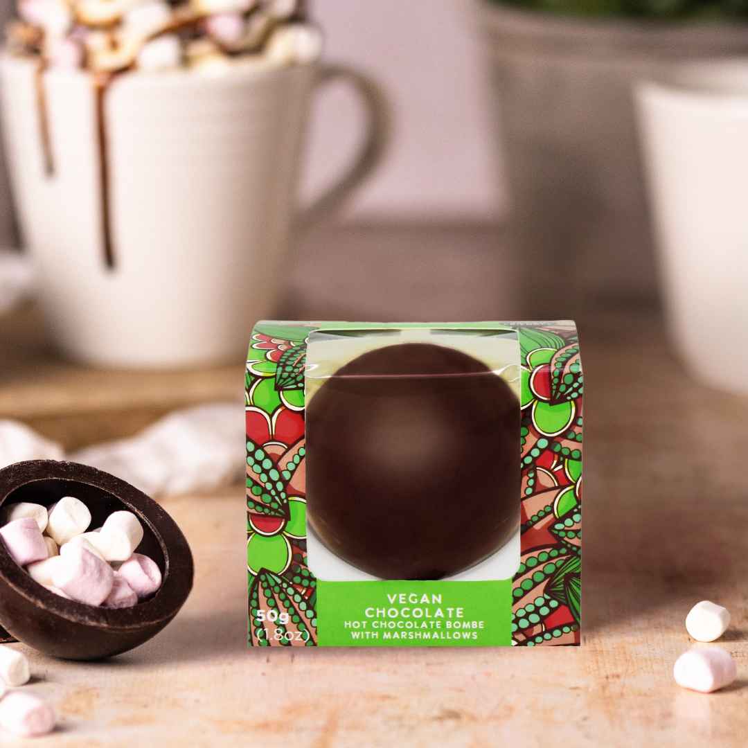 Vegan hot chocolate bombe with vegan marshmallows in packaging