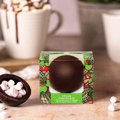 Vegan hot chocolate bombe with vegan marshmallows in packaging
