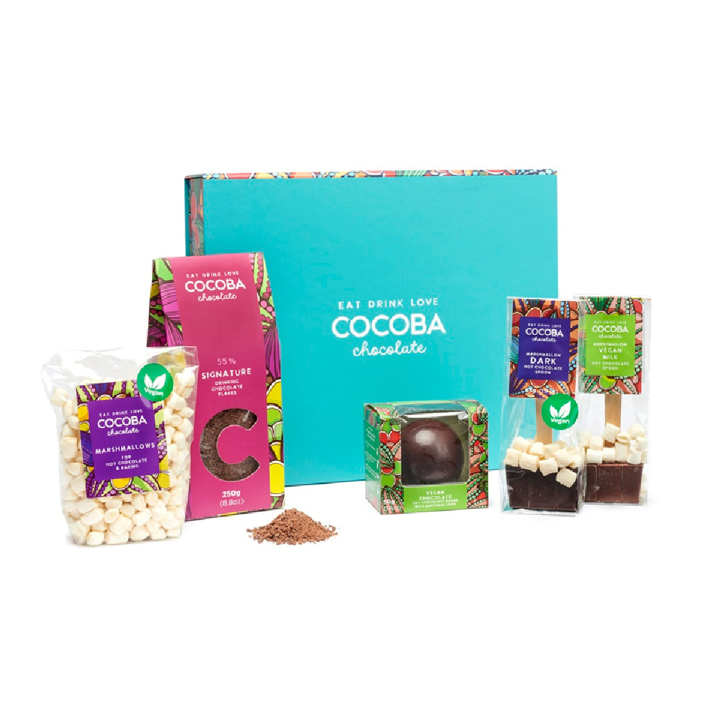 Collection of Vegan hot chocolate spoons, bombs and flakes, in a bright Cocoba gift box