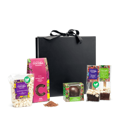 Cocoba chocolate products including a black gift box, various chocolate items, and packaging on a white background.