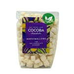 Bag of vegan mini white marshmallows, in a clear bag with a Cocoba Chocolate label.