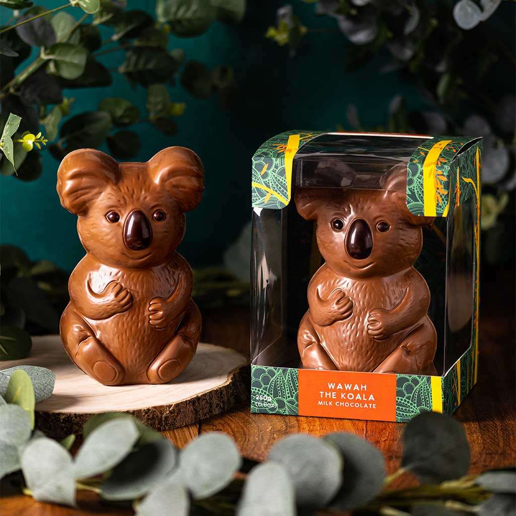 Wawah the Koala Milk Chocolate Character shown in and out of the gift box