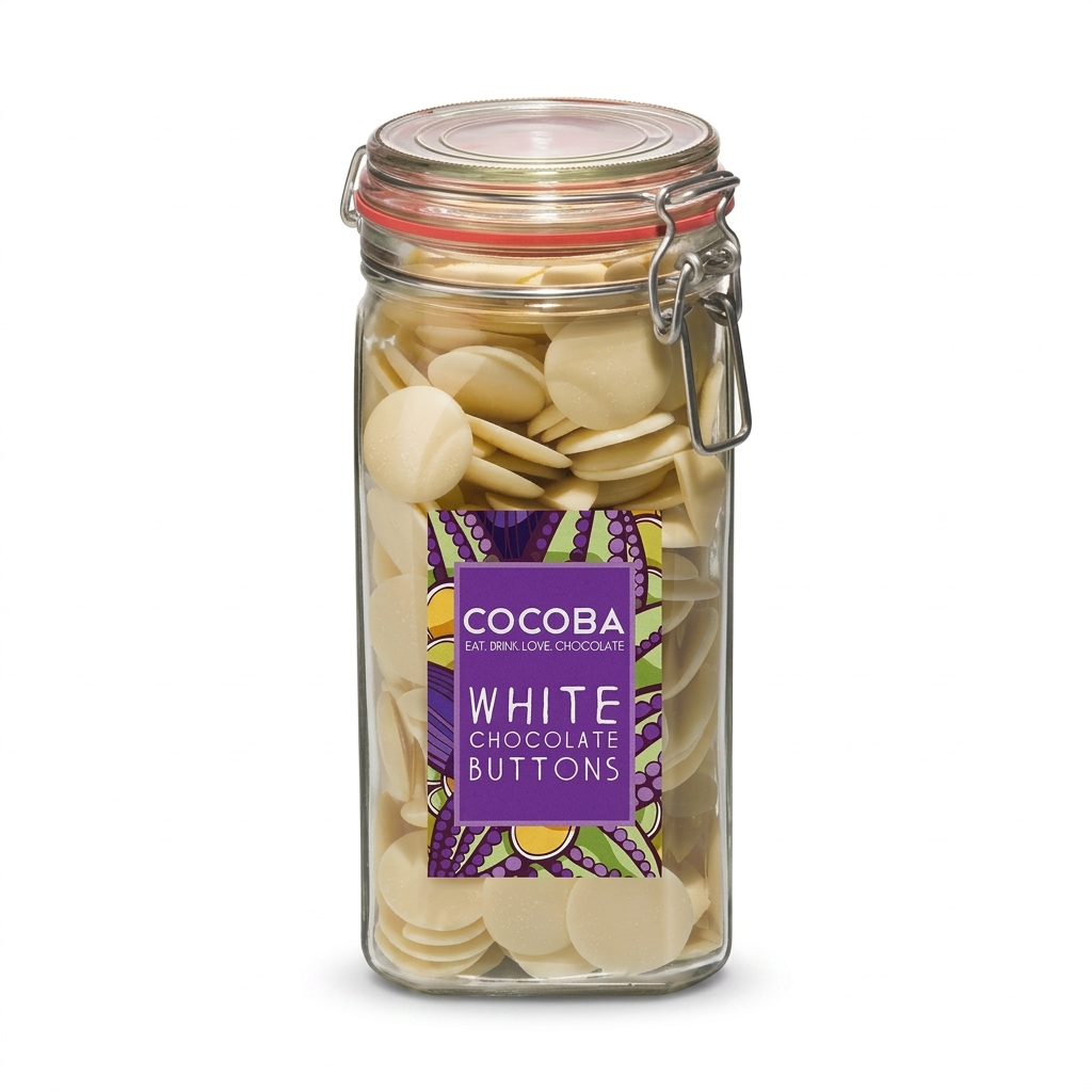 Jar of cocoba white chocolate buttons with a purple label on a white background