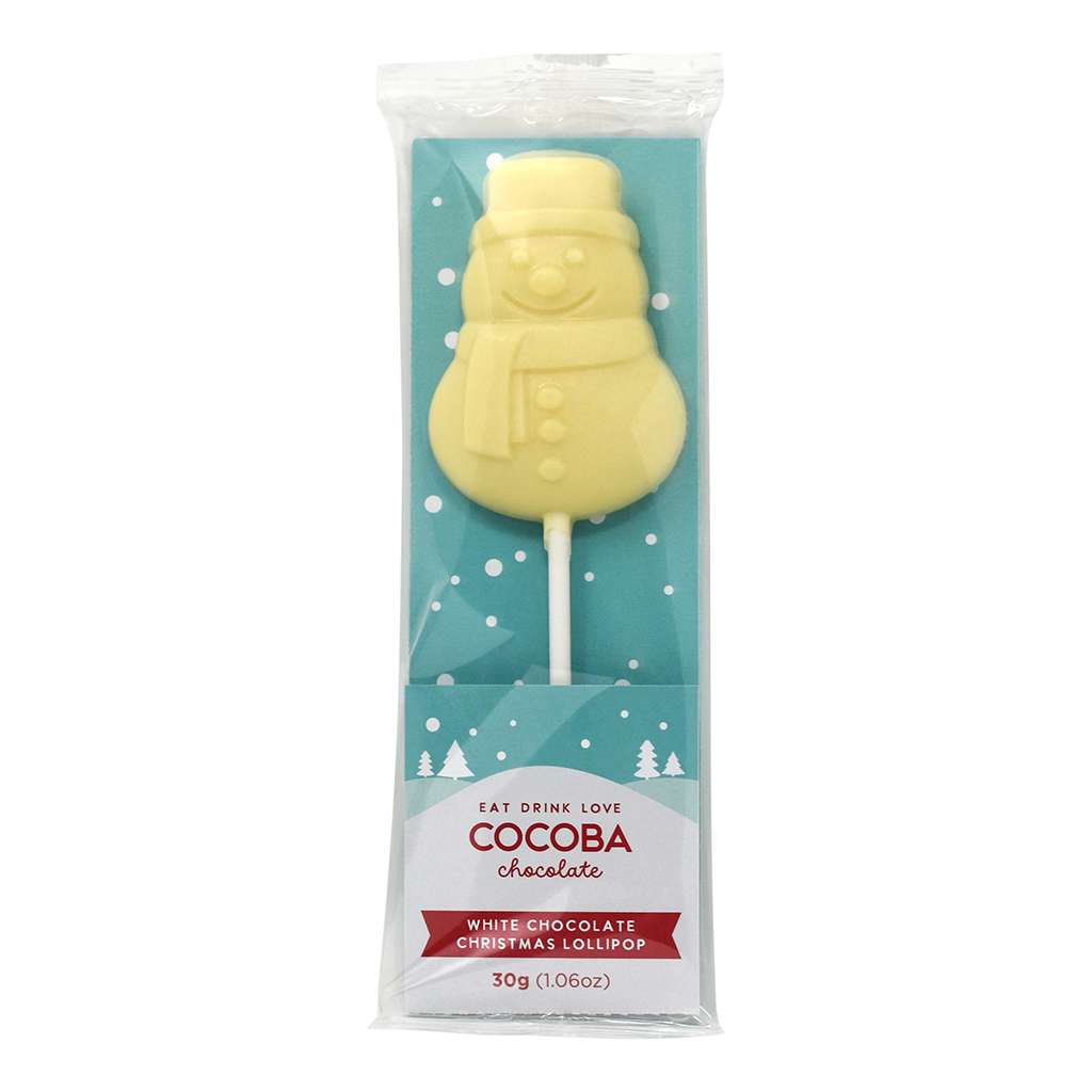 White Chocolate Christmas Snowman Lollipop in festive packaging