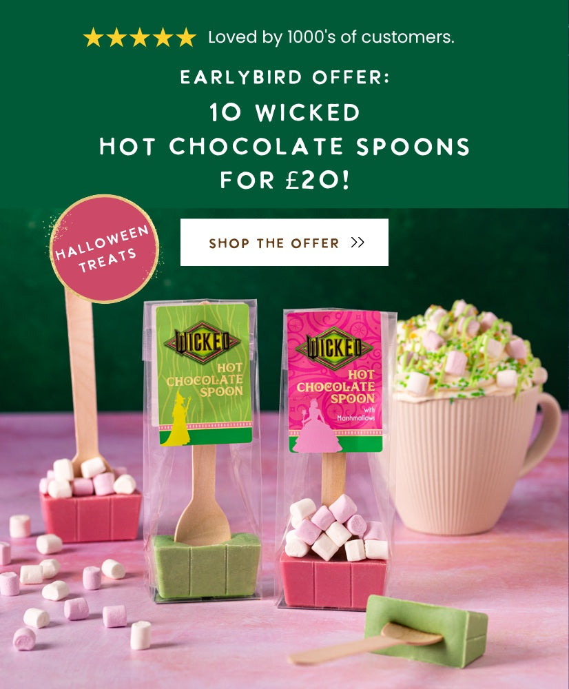 Promotional listing image for Wickel Hot Chocolate Spoons featuring two hot chocolate spoons and marshmallows and mug of hot chocolate with whipped cream and marshmallows, and large promotional text reading 'Earlybird Offer: 10 Wicked Hot Chocolate Spoons for £20!' on a dark green background.