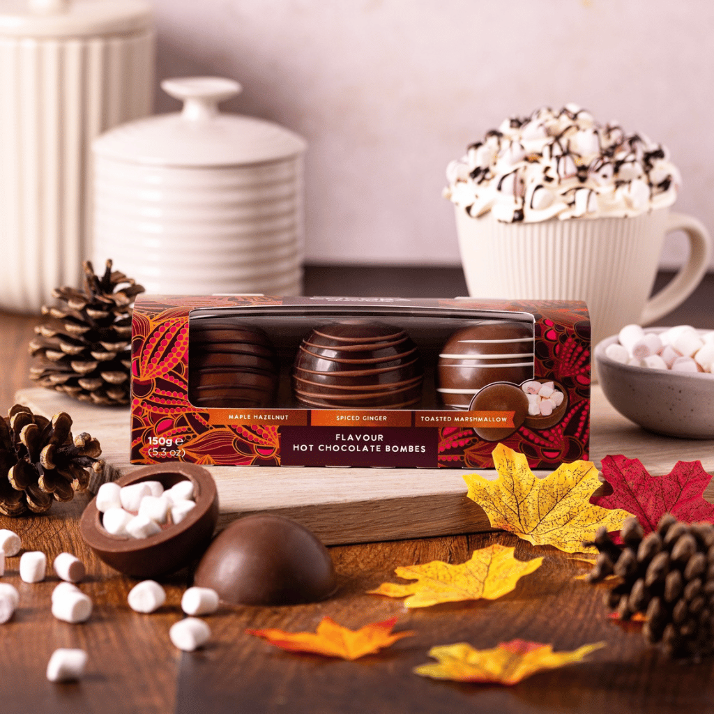 Winter Warmer Hot Chocolate Bombs with Marshmallows on an Autumnal backgraound