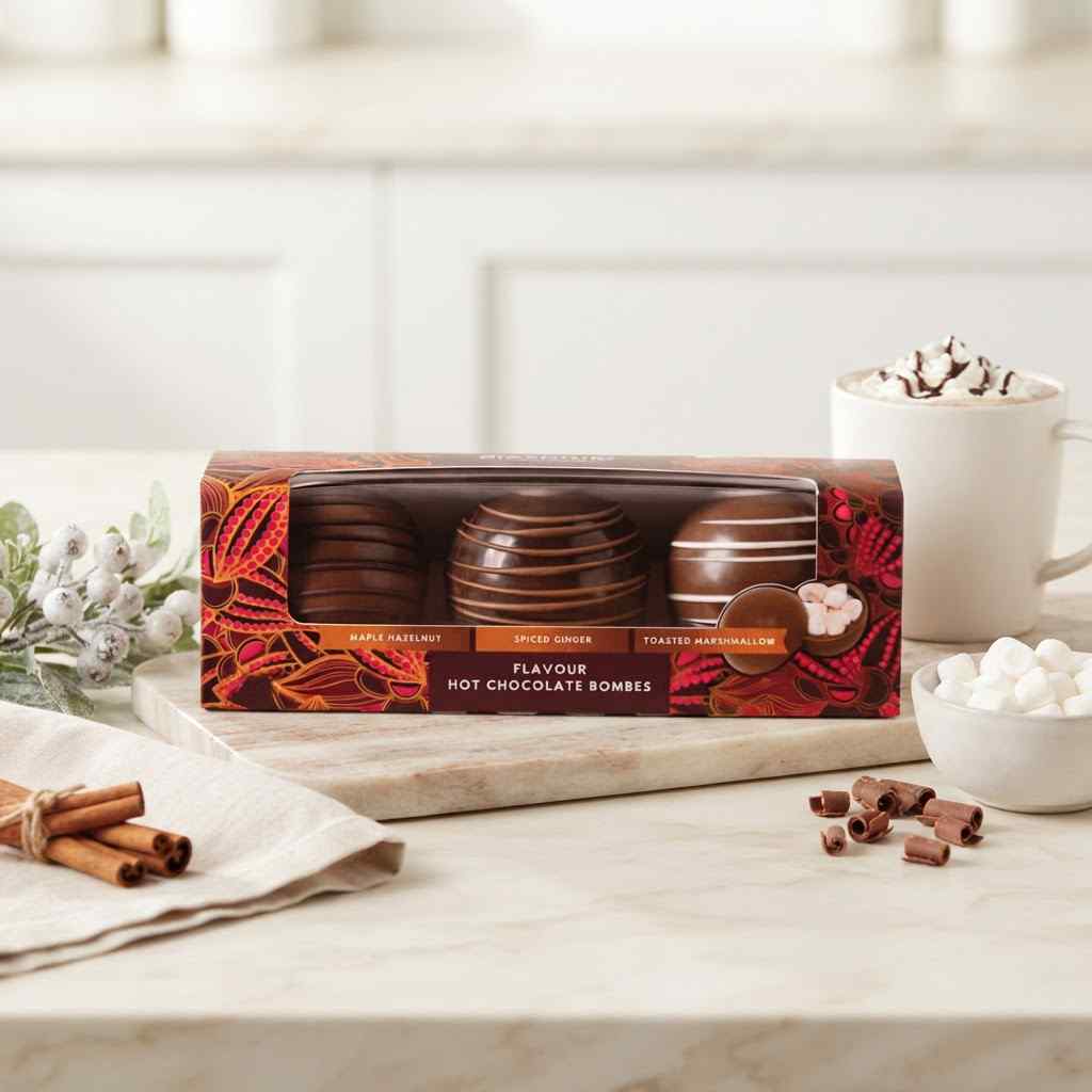 A boxed set of three hot chocolate bombs sits on a marble board on a kitchen counter, with a mug of hot chocolate, marshmallows, cinnamon sticks, and chocolate pieces around it. The box is decorated with red and orange leaf patterns and reads 'Flavour Hot Chocolate Bombs'.