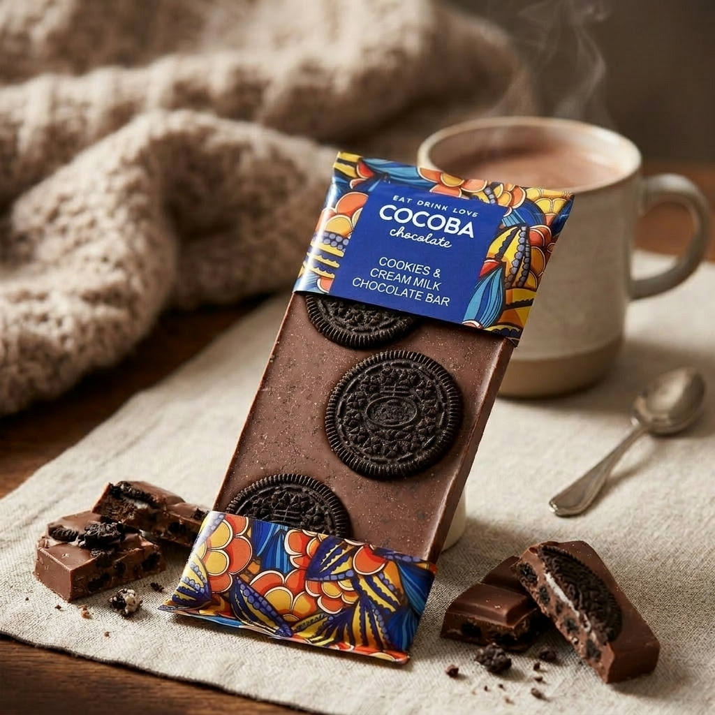 Cocoba chocolate bar with cookies on a wooden surface with a mug and spoon.