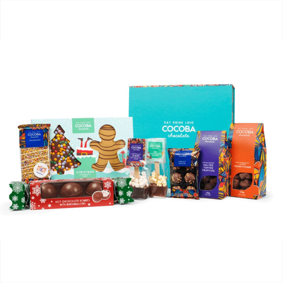 Cocoba chocolate products including a box and various chocolate bars on a white background