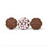 Three round chocolate candies on a white background: two plain brown embossed chocolates and one chocolate topped with pink and white marshmallows.