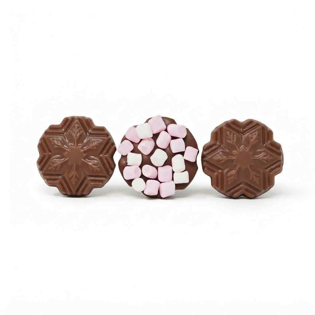 Three round chocolate candies on a white background: two plain brown embossed chocolates and one chocolate topped with pink and white marshmallows.