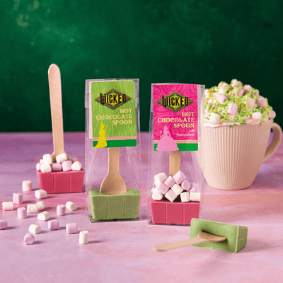 Wicked Hot Chocolate Spoons with packaging on a pink surface with marshmallows and a mug.