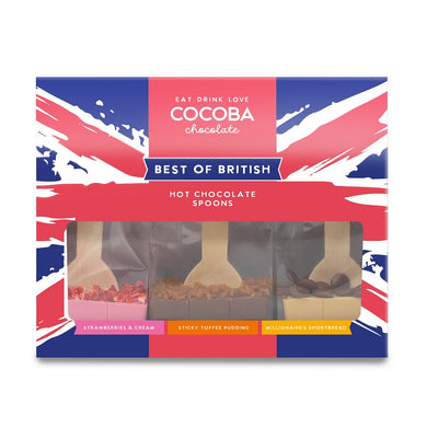 A packaged set of three hot chocolate spoons by Cocoba. The packaging features a Union Jack design and labels for each flavored spoon inside.