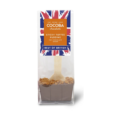 Packaged hot chocolate spoon with visible pieces of toffee, branded as 'COCOBA chocolate' with a 'Best of British' label.