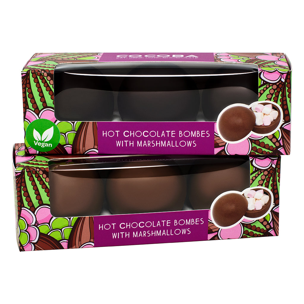 Milk and Vegan Hot Chocolate Bombes with mini marshmallows