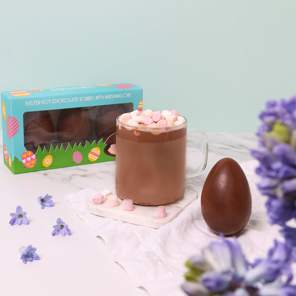 Milk Chocolate Easter Egg Hot Chocolate Bombes with Marshmallows