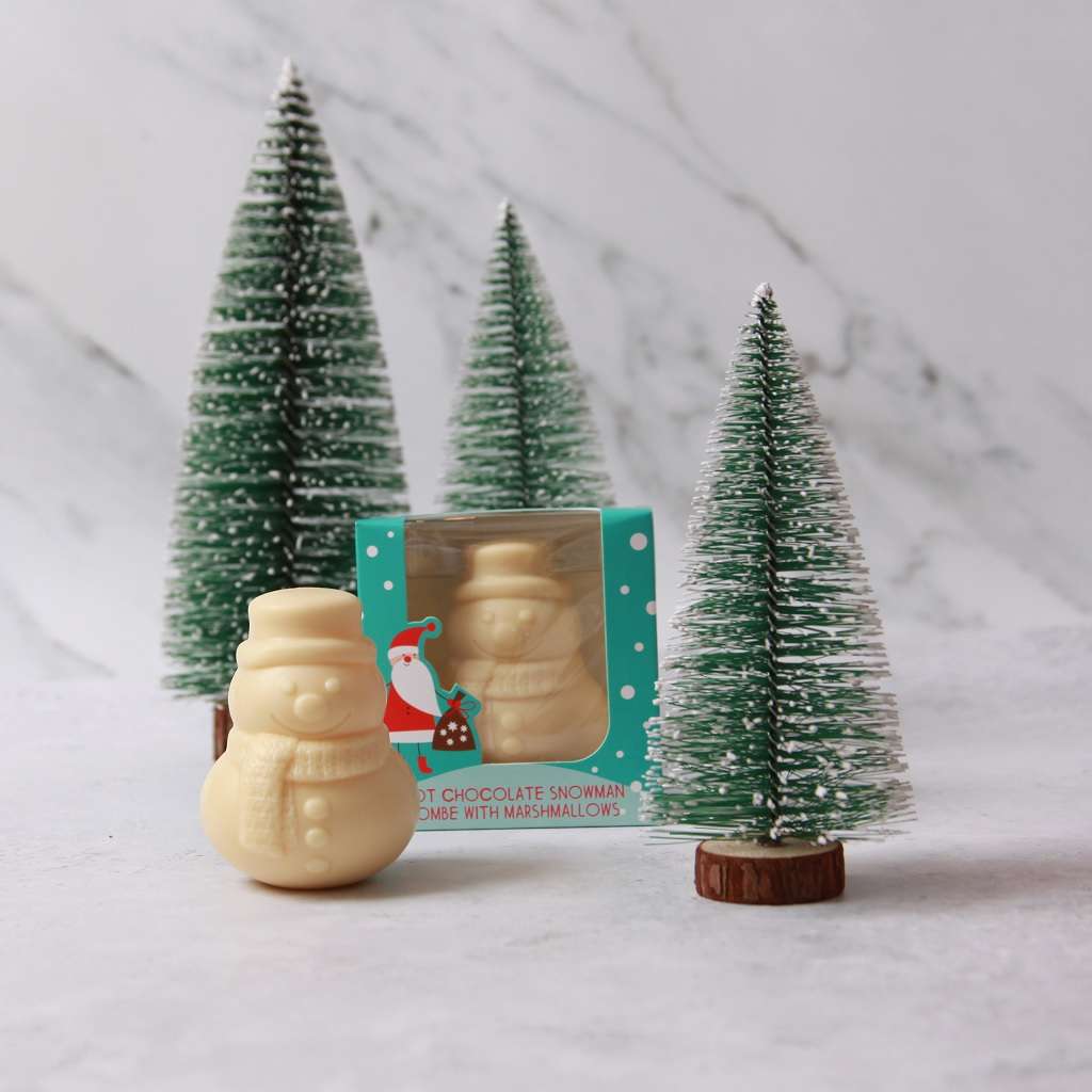 Snowman Character Hot Chocolate Bombe in a Christmas scene