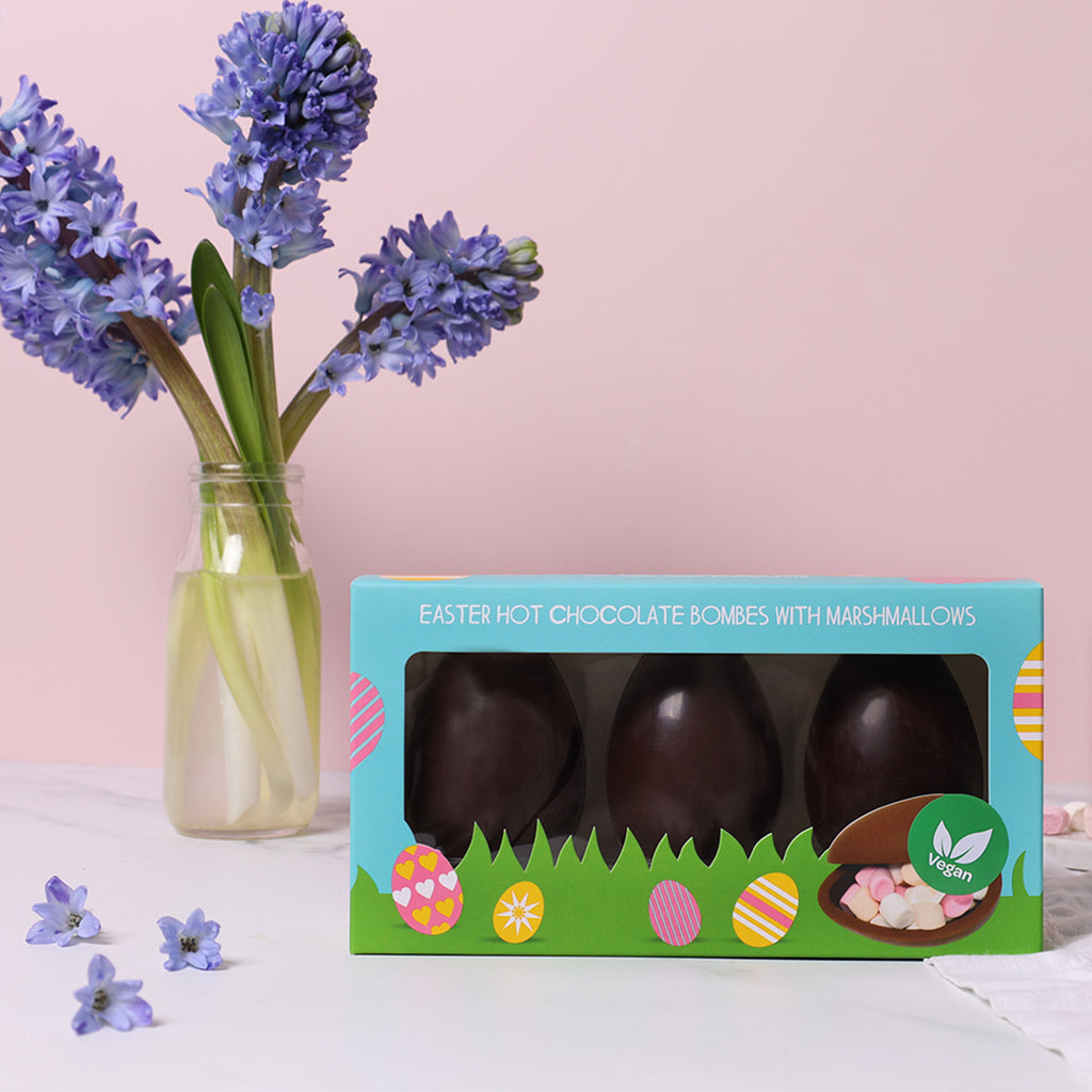 Vegan Easter Egg Hot Chocolate Bombes with Marshmallows